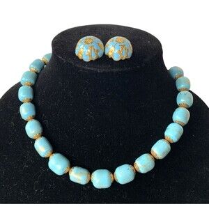Vintage Czech Blue Glass Necklace Earrings Set Mid Century Gold Wash